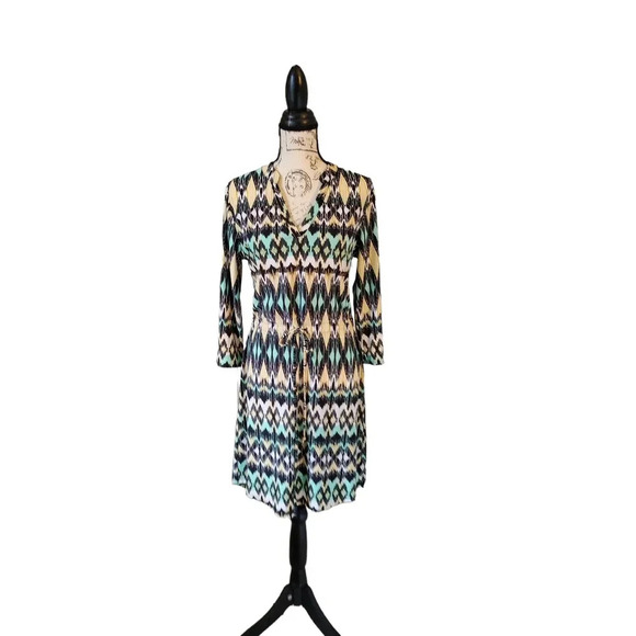 Tacera Abstract Diamond Print Multicolor Mini Dress Jersey V-Neck 3/4 Sleeve M - Picture 1 of 7